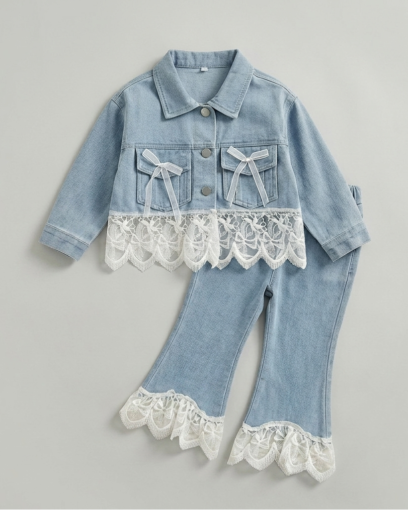Conjunto niña 2 piezas vaquero chaqueta denim con encaje y pantalón vaquero Ideal para clima otoñal en España