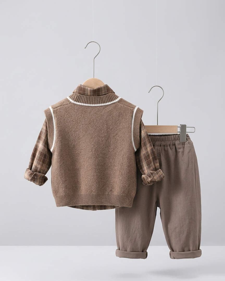 Conjunto ropa bebé niño 3 piezas invierno camisa de cuadros chaleco de lana pantalón , Ideal para clima otoñal en España