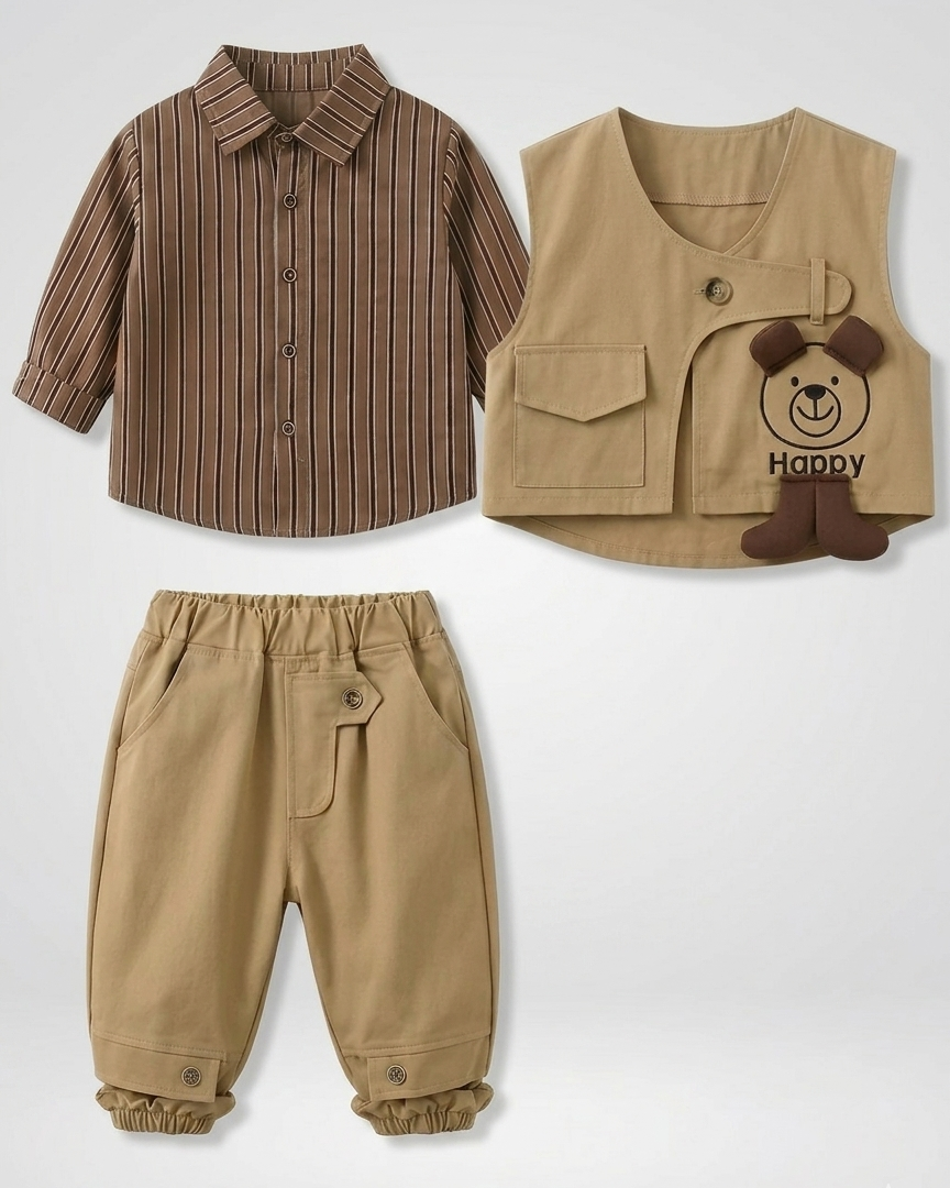 Conjunto bebé 3 piezas algodón con chaleco y osito desmontable, Ideal para primavera en España