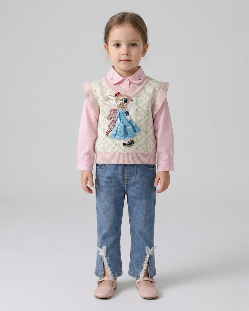 Conjunto niña 3 piezas ropa bebé niña – blusa rosa, chaqueta con conejo y pantalón vaquero con mariposas en España