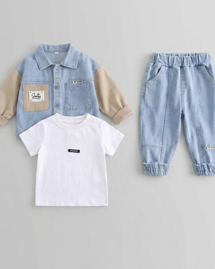Conjunto niño ropa infantil 3 piezas vaquero moderno con camisa y pantalón , Ideal para primavera en España