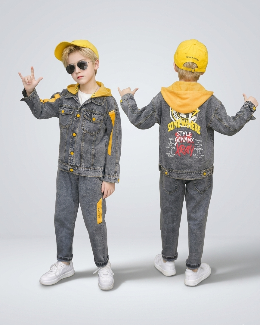 Conjunto vaquero niño 3 piezas: chaqueta vaquera, sudadera con capucha y pantalón vaquero, ropa niño streetwear en España