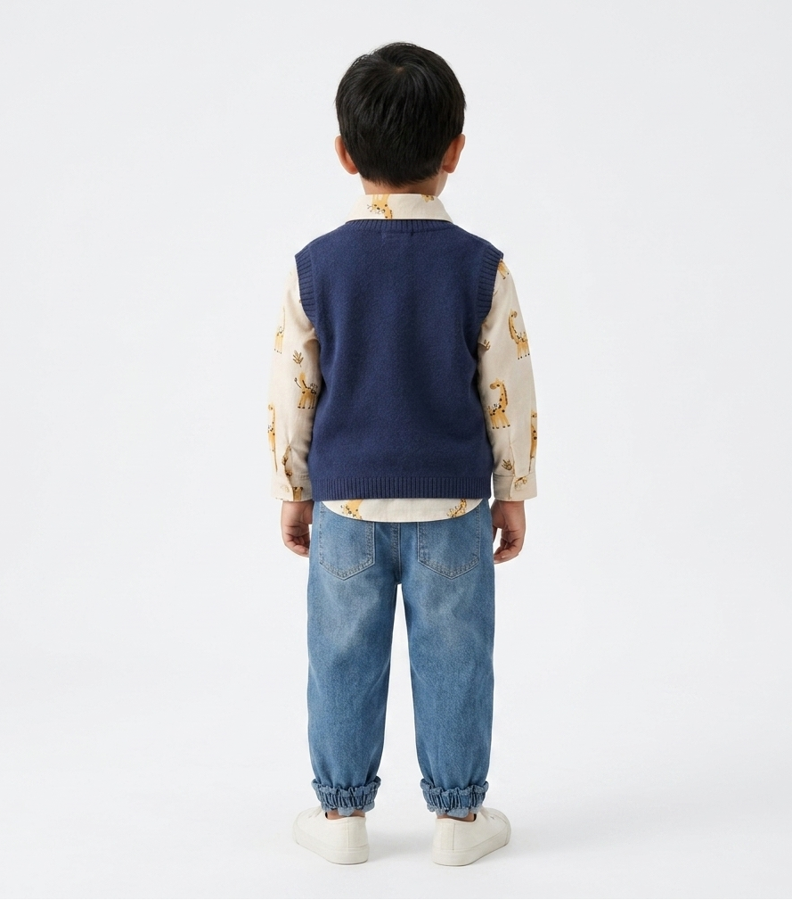 Conjunto bebé 3 piezas ropa bebé algodón con chaqueta de punto y pantalón vaquero con jirafa 3D en España