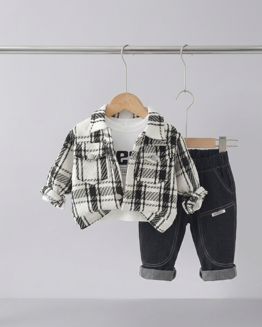 Conjunto bebé niño 3 piezas camisa tartán, camiseta y pantalón vaquero en España