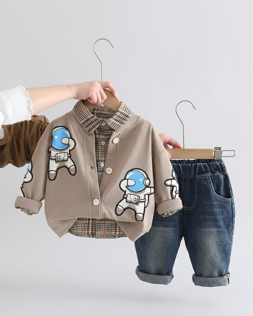 Conjunto niño 3 piezas ropa niño astronauta con chaqueta, camisa de cuadros y pantalón vaquero en España