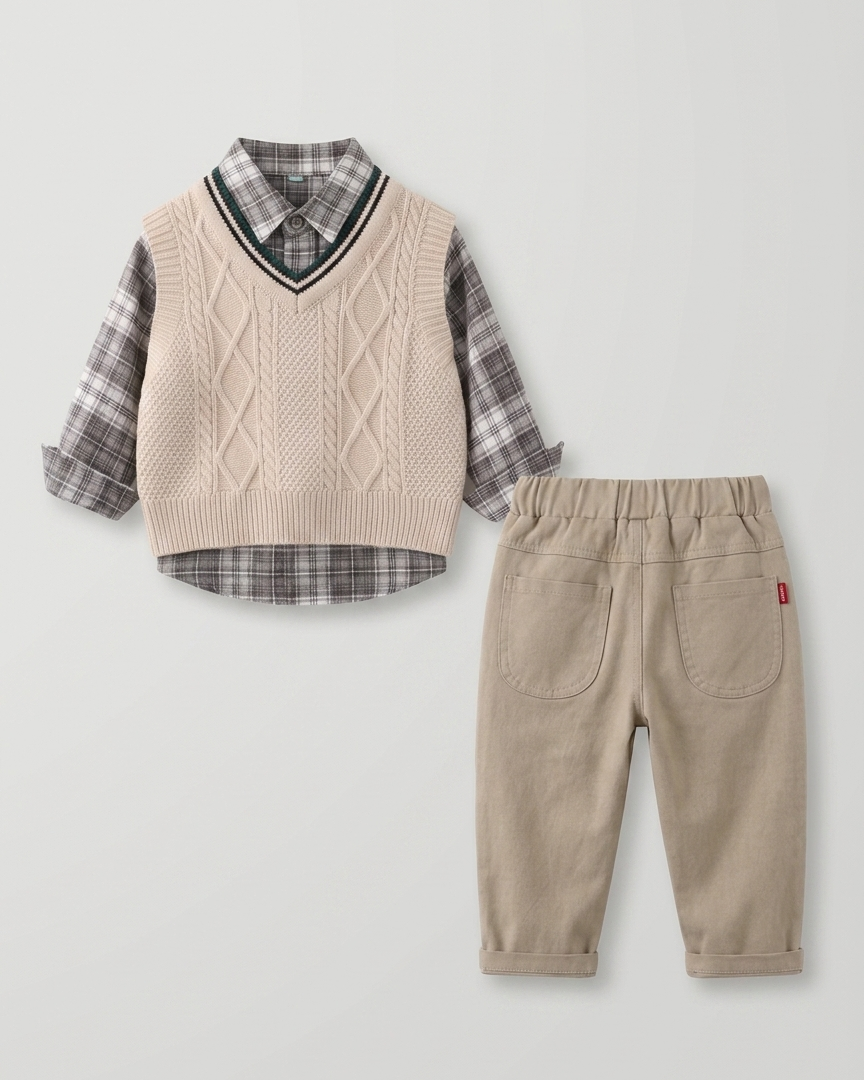 Conjunto bebé niño 3 piezas invierno: suéter lana, camisa cuadros y pantalón elástico en España