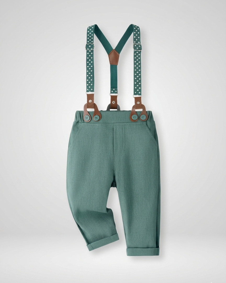 Conjunto bebé niño elegante de 4 piezas con body, pantalón con tirantes, corbata y gorra en España