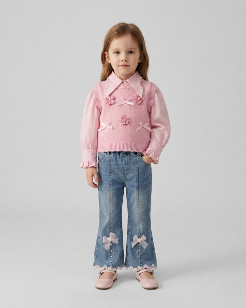 Conjunto niña 3 piezas ropa infantil blusa mangas abullonadas chaleco perlas y pantalón vaquero,Ideal para primavera y para clima otoñal en España
