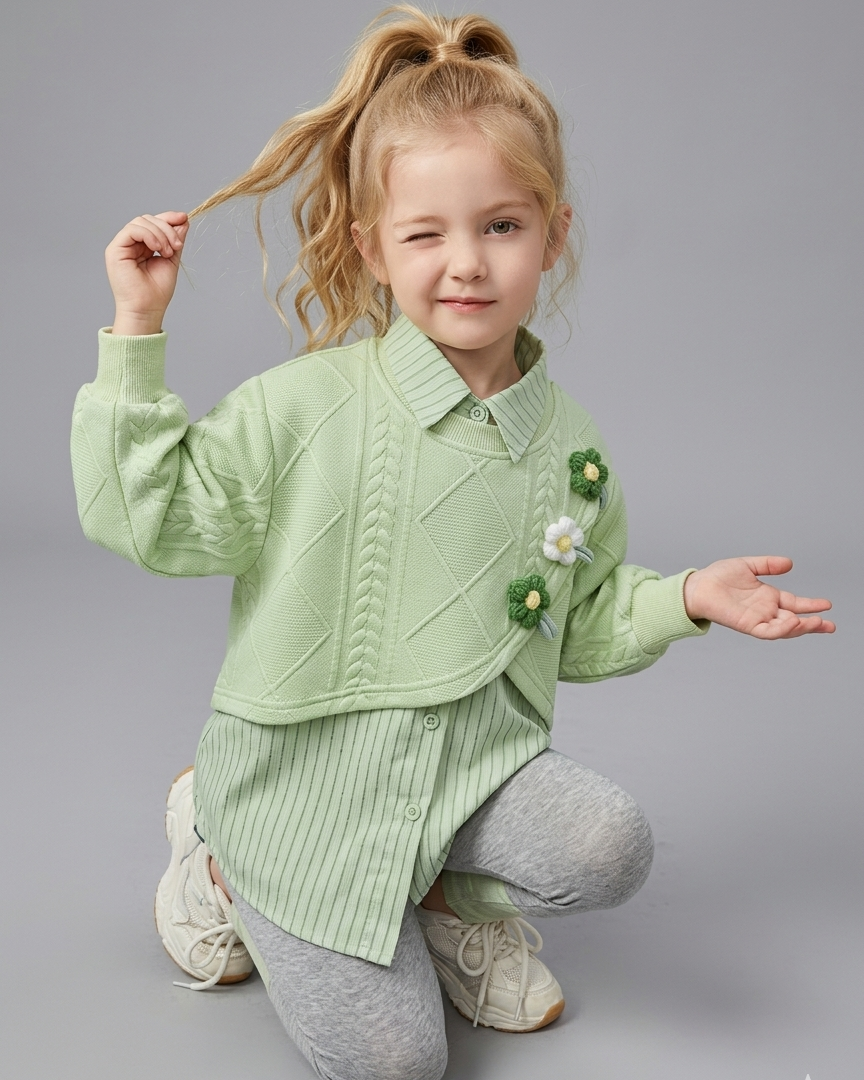 Conjunto Niña 3 Piezas Otoño Invierno Flores Bordadas
