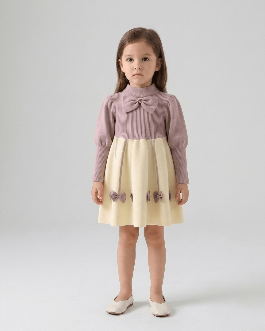 Vestido niña invierno cálido con lazos de satén y cuello altol as tallas disponibles.Ideal para primavera  en España