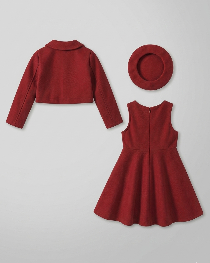 Conjunto niña 3 piezas ropa niña elegante vestido chaqueta y gorro rojo burdeos,Ideal para primavera  en España