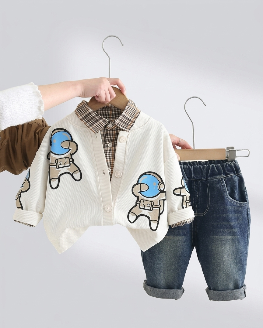 Conjunto niño 3 piezas ropa niño astronauta con chaqueta, camisa de cuadros y pantalón vaquero en España