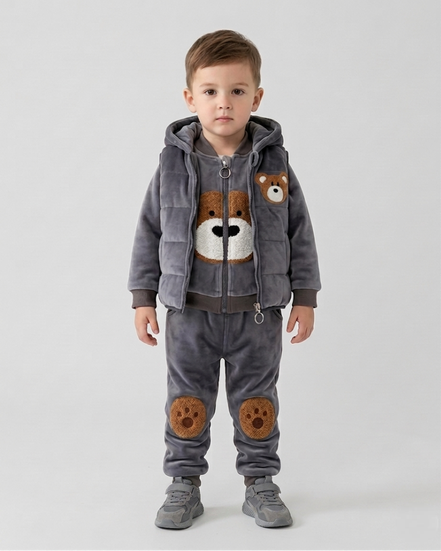 Conjunto niño invierno 3 piezas ropa infantil con osito bordado y chaleco con capucha , Ideal para clima otoñal en España