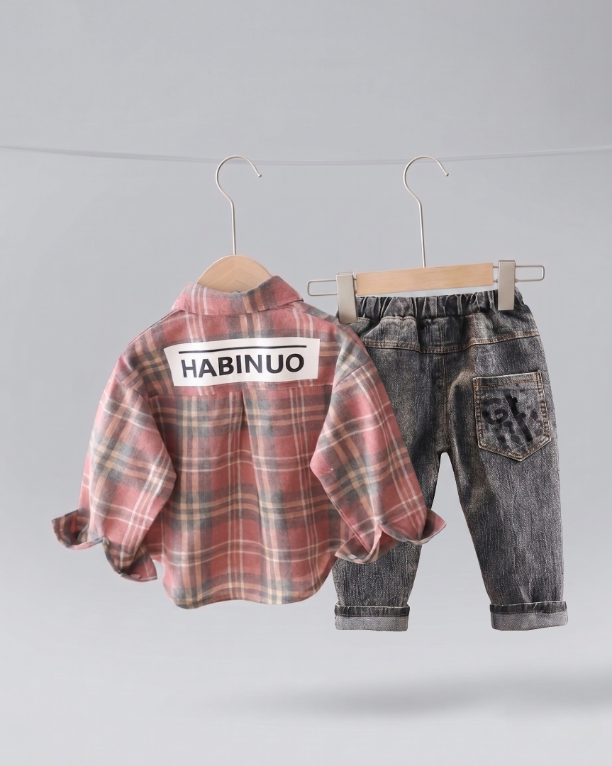 Conjunto niño cuadros elegante de dos piezas con camisa de cuadros y pantalón denim  niño cuadros en España
