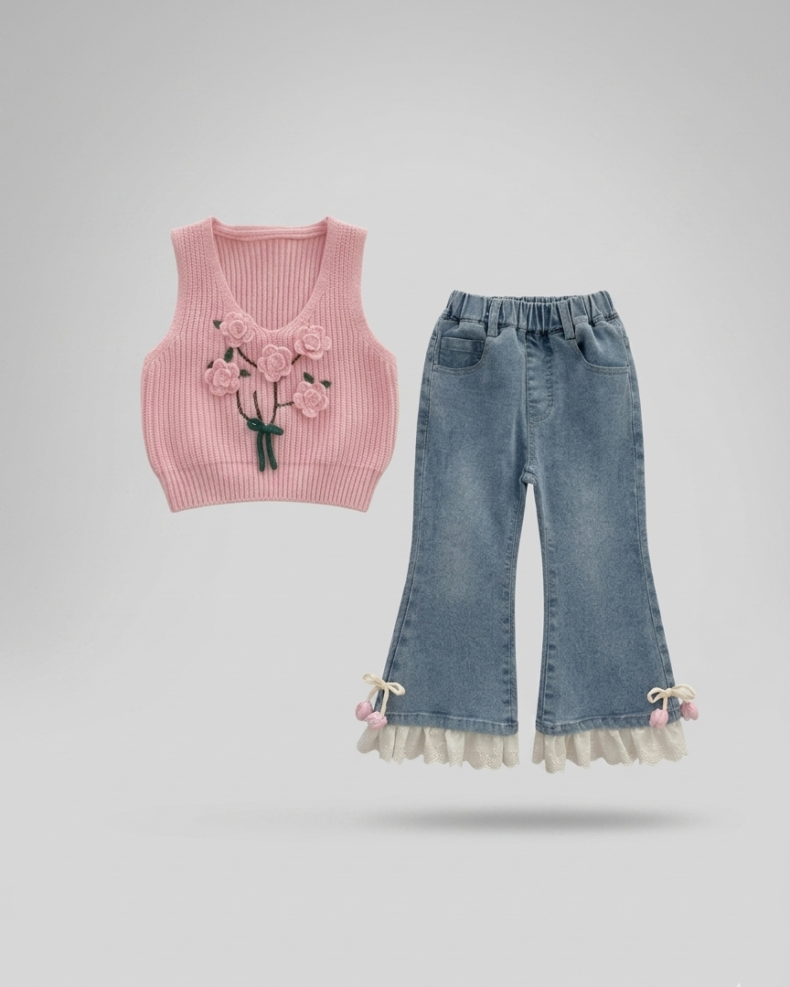 Conjunto niña 3 piezas ropa infantil (blusa, chaleco de punto y pantalón vaquero) para otoño y primavera en España