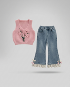 Conjunto niña 3 piezas ropa infantil (blusa, chaleco de punto y pantalón vaquero) para otoño y primavera en España