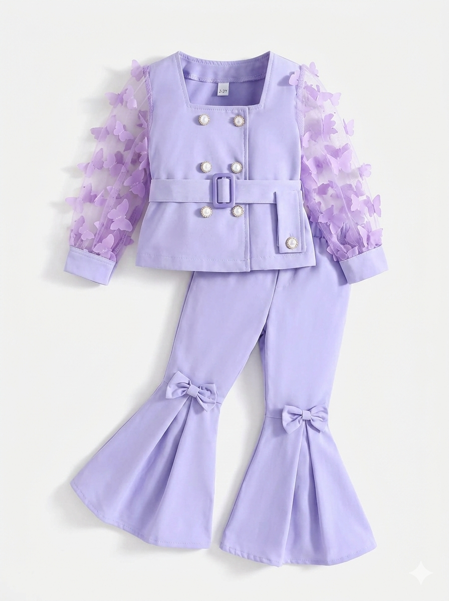 Conjunto infantil de 3 piezas en color lila claro: blusa de mangas transparentes y pantalón ancho 💜✨