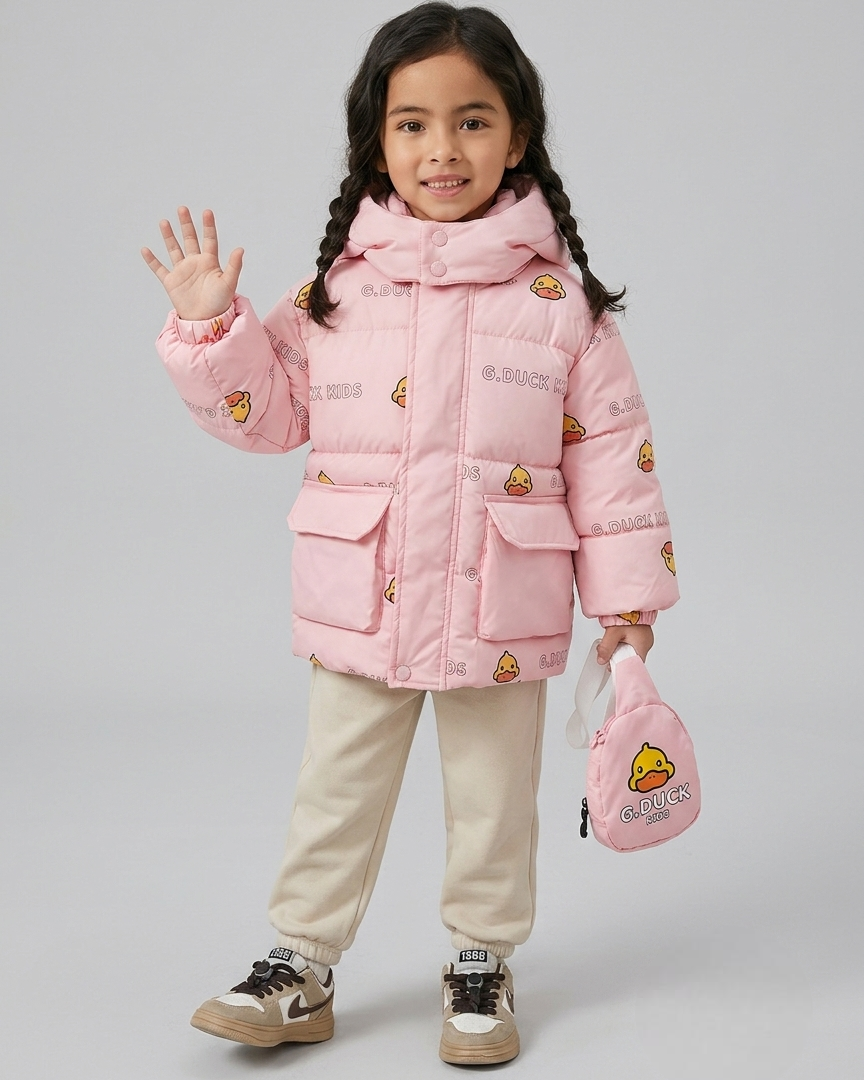 Chaqueta infantil de invierno con capucha y estampado de patitos acolchada con bolsita a juego en España