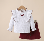 Conjunto de 2 piezas: blusa blanca con volantes y falda de pana con lazo 🤍🎀