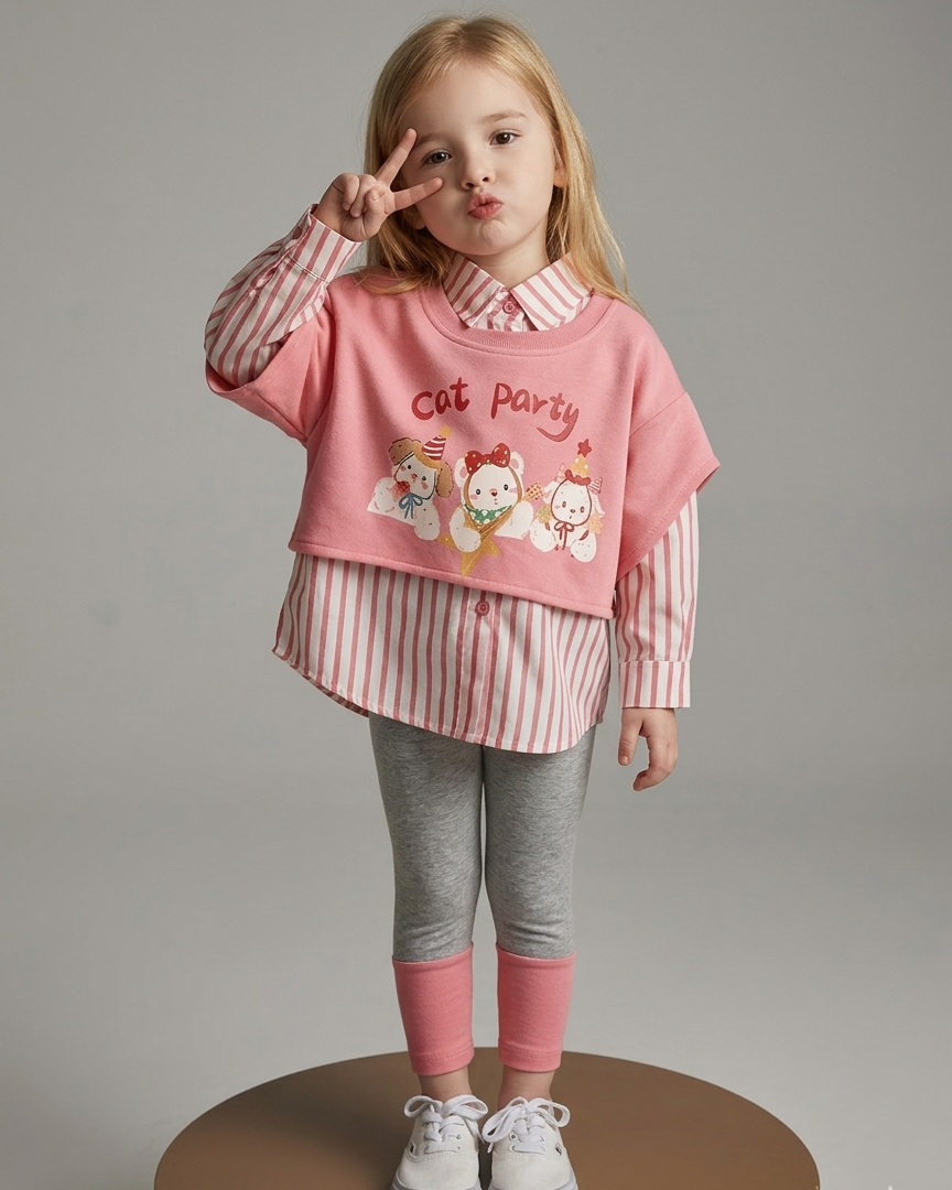 Conjunto niña 3 piezas ropa niña suéter corto, camisa a rayas y chaleco multicolor Ideal para primavera en España