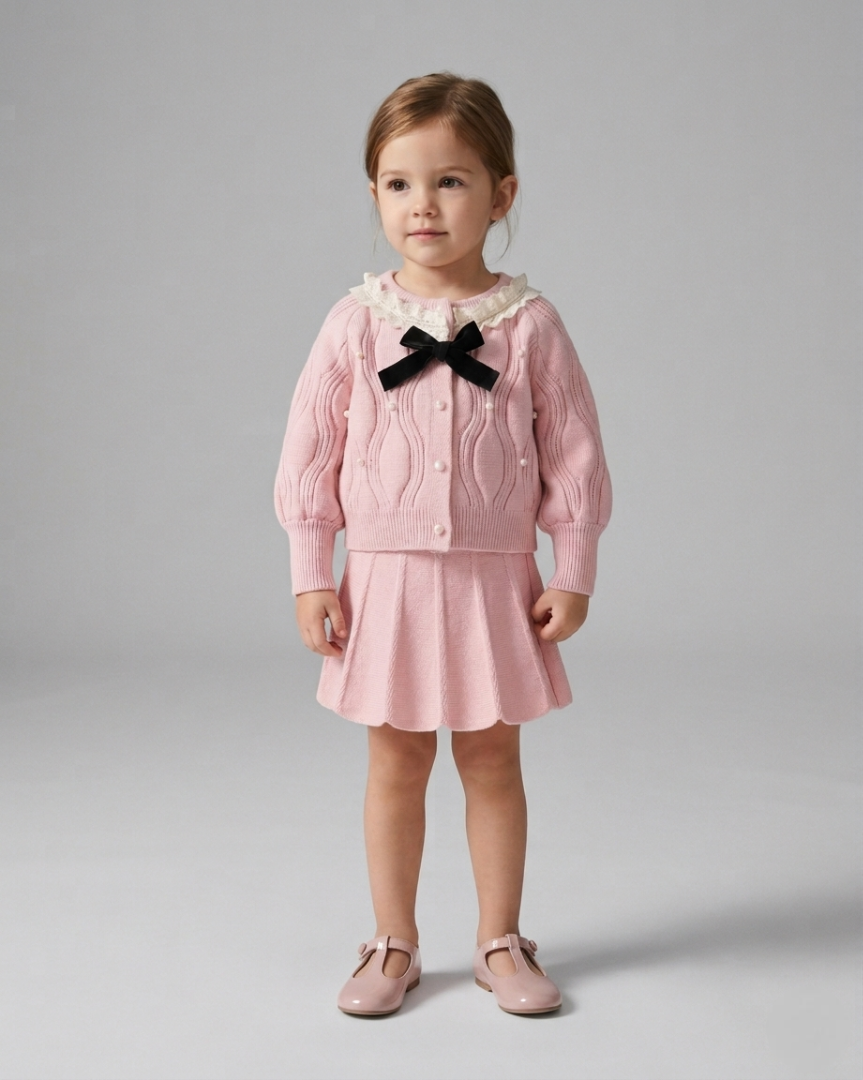 Conjunto niña invierno 2 piezas vestido y chaqueta de punto con encaje, destacada para looks elegantes y sencillos en España