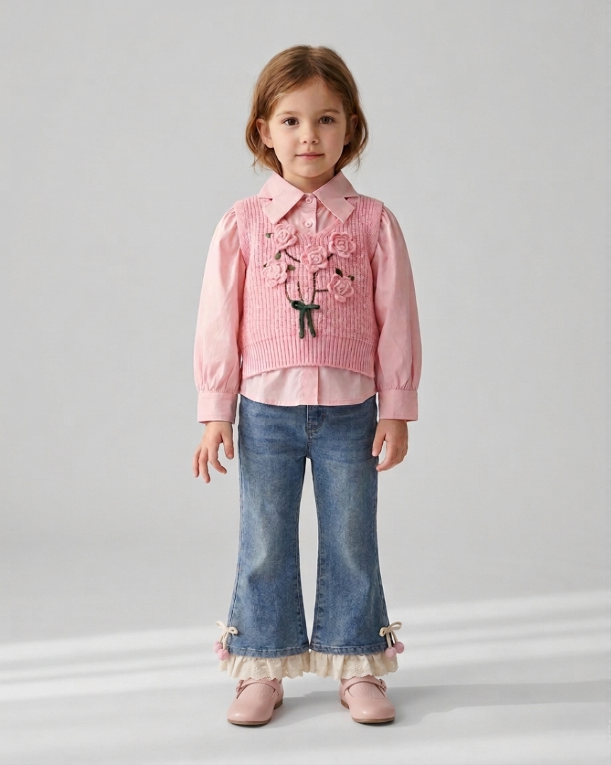 Conjunto niña 3 piezas ropa infantil (blusa, chaleco de punto y pantalón vaquero) para otoño y primavera en España