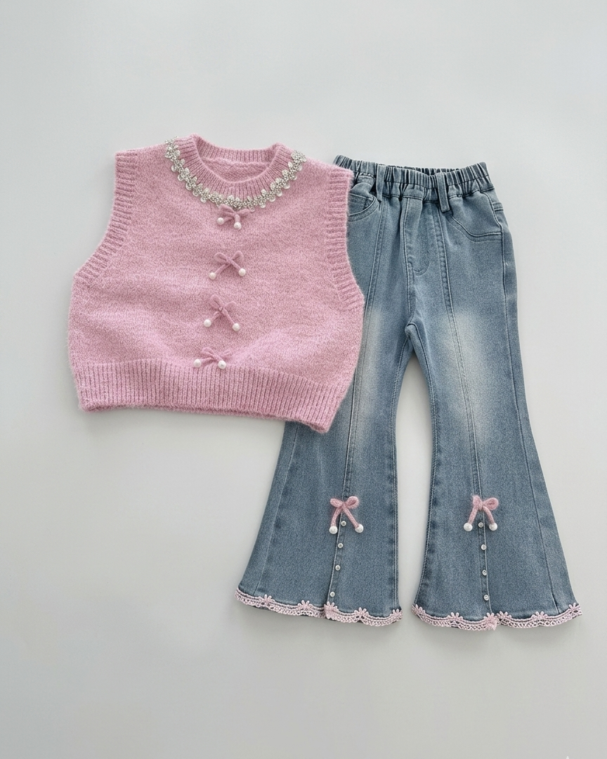 Conjunto niña 3 piezas: camisa rosa, suéter de punto suave y pantalón vaquero con encaje en España