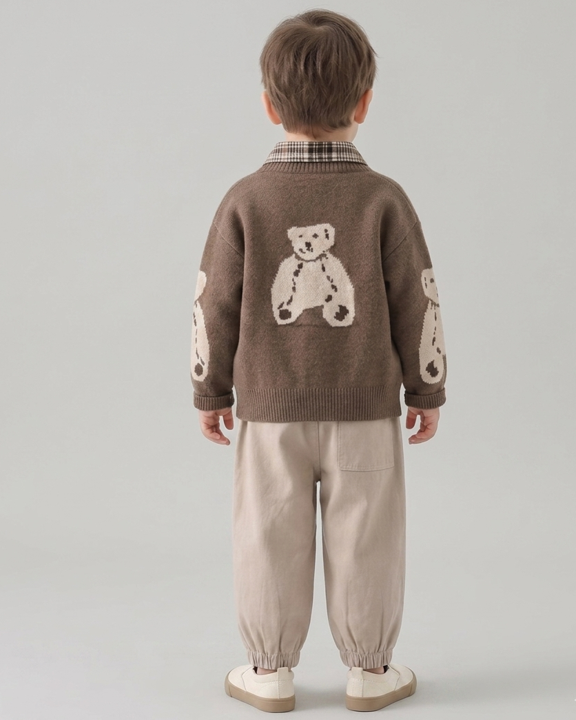Conjunto bebé 3 piezas ropa bebé niño con cárdigan de oso camisa de cuadros y pantalón beige en España