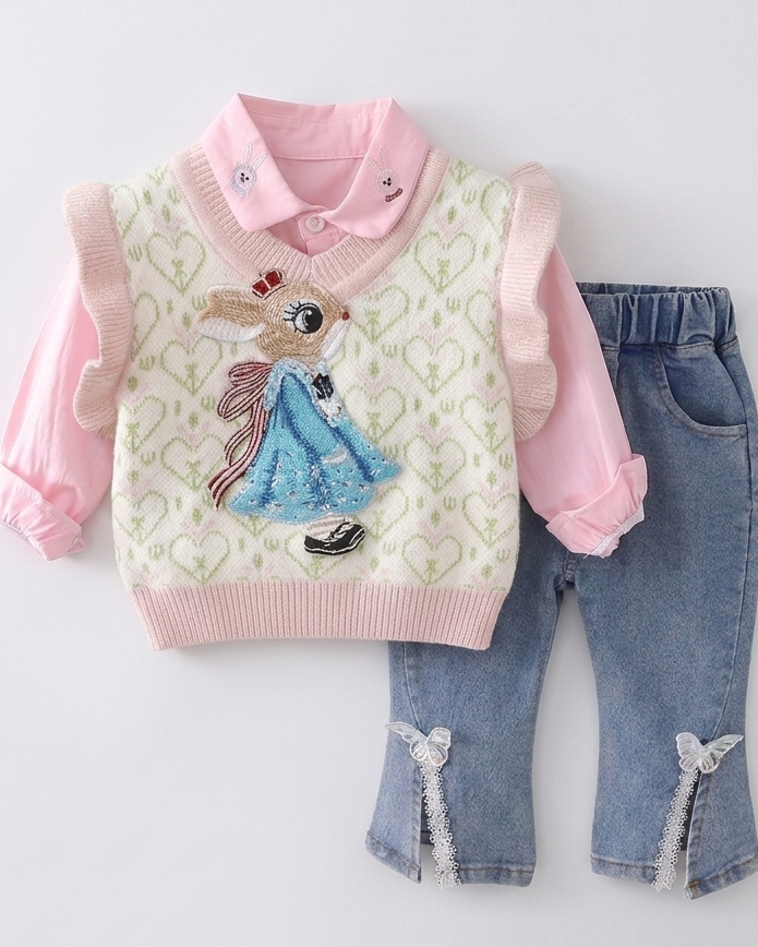 Conjunto niña 3 piezas ropa bebé niña – blusa rosa, chaqueta con conejo y pantalón vaquero con mariposas en España