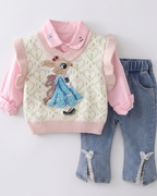 Conjunto niña 3 piezas ropa bebé niña – blusa rosa, chaqueta con conejo y pantalón vaquero con mariposas en España