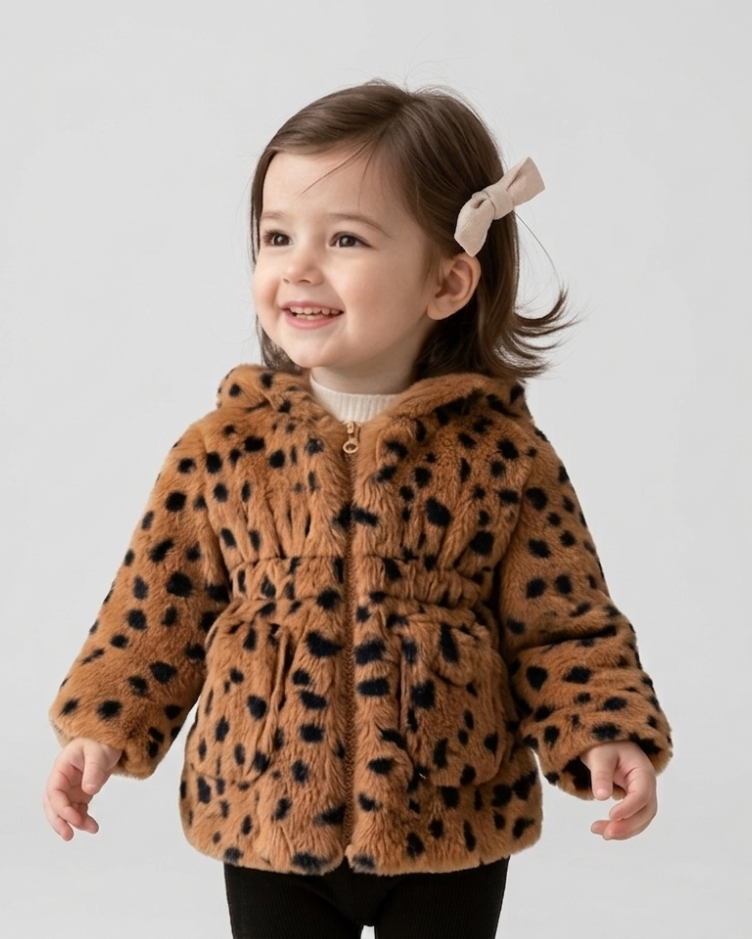 Abrigo niña invierno de pelo sintético con estampado de leopardo y capucha con orejitas en España