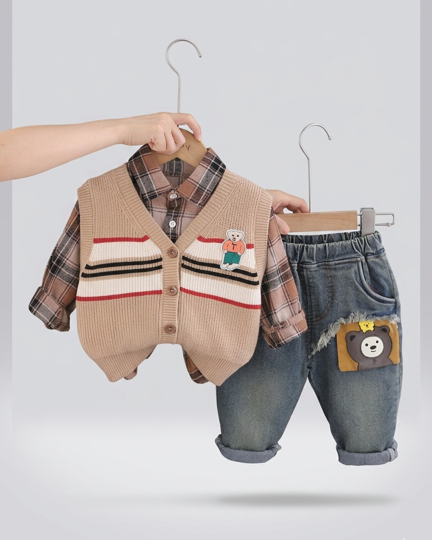 Conjunto bebé niño 3 piezas ropa infantil: camisa cuadros, chaleco lana y pantalón vaquero en España