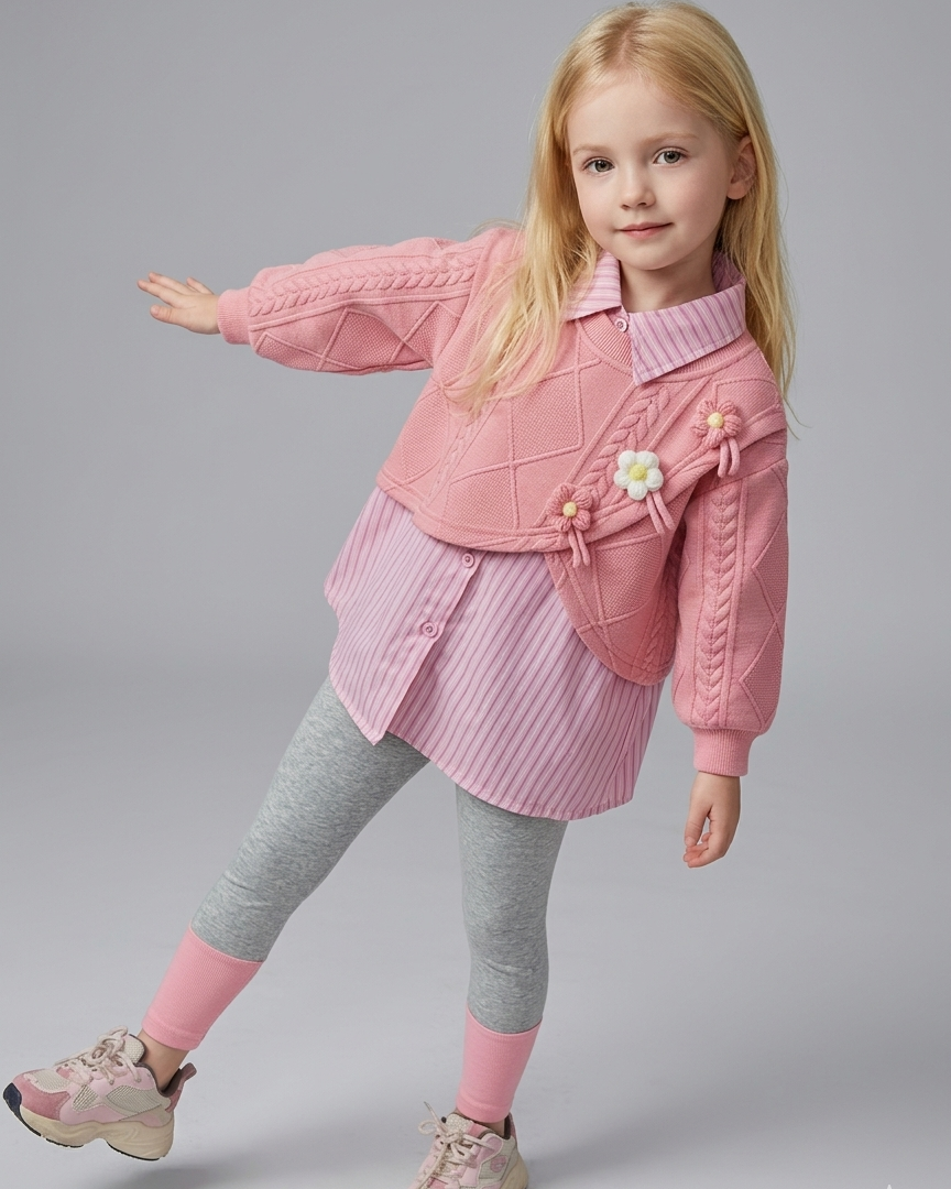 Conjunto niña 3 piezas otoño invierno con bordado de flores Ideal para clima otoñal y principios en España