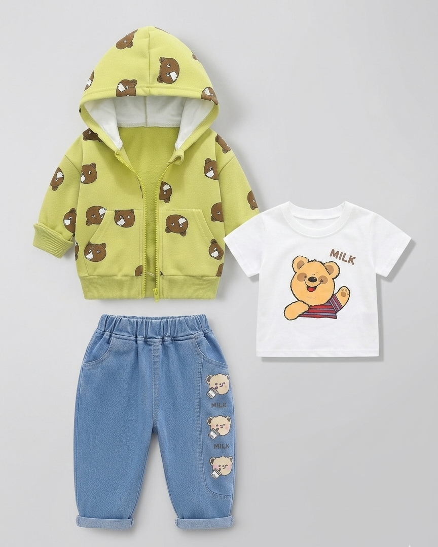 Conjunto bebé niño y niña 3 piezas: chaqueta con capucha, camiseta y pantalón vaquero con ositos en España
