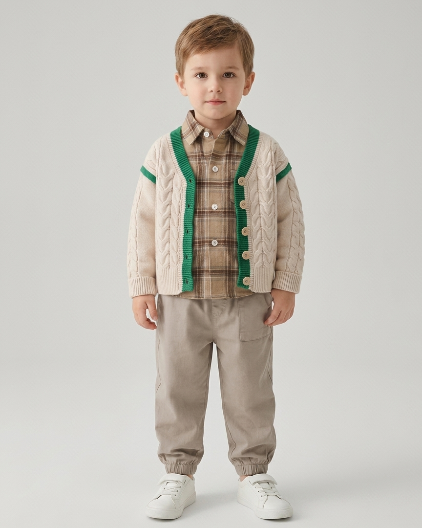 Conjunto bebé niño 3 piezas otoño invierno: camisa cuadros, cárdigan tejido y pantalón ,Ideal para clima otoñal en España