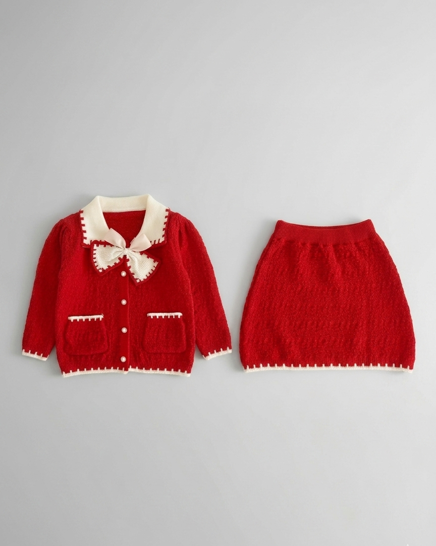Conjunto niña invierno punto 2 piezas suéter y falda roja elegante ropa infantil,Ideal para clima otoñal en España