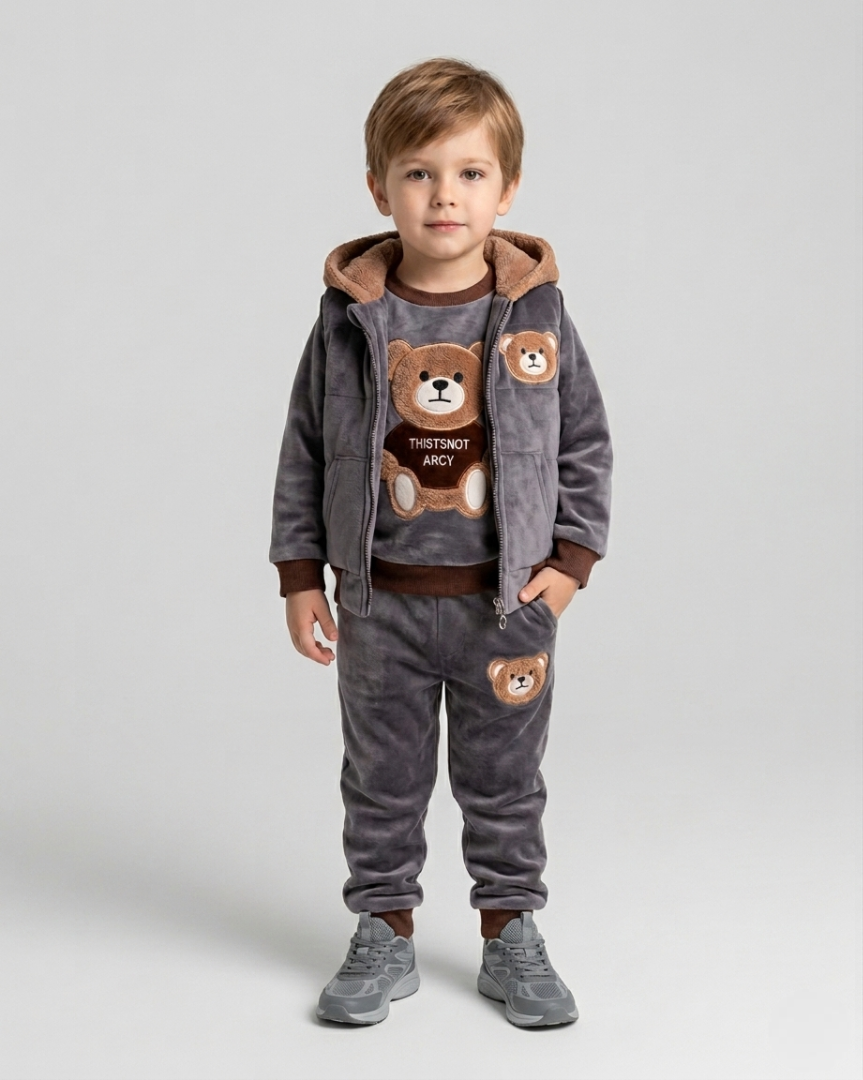 Conjunto niño invierno 3 piezas ropa infantil con osito bordado y chaleco con capucha , Ideal para clima otoñal en España