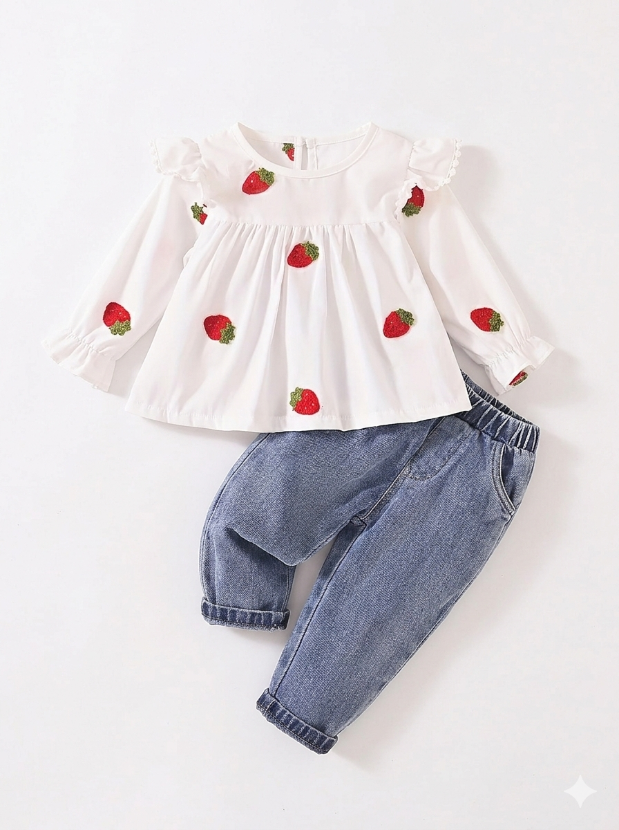Conjunto de dos piezas: blusa bordada y jeans para un look encantador para tu niña