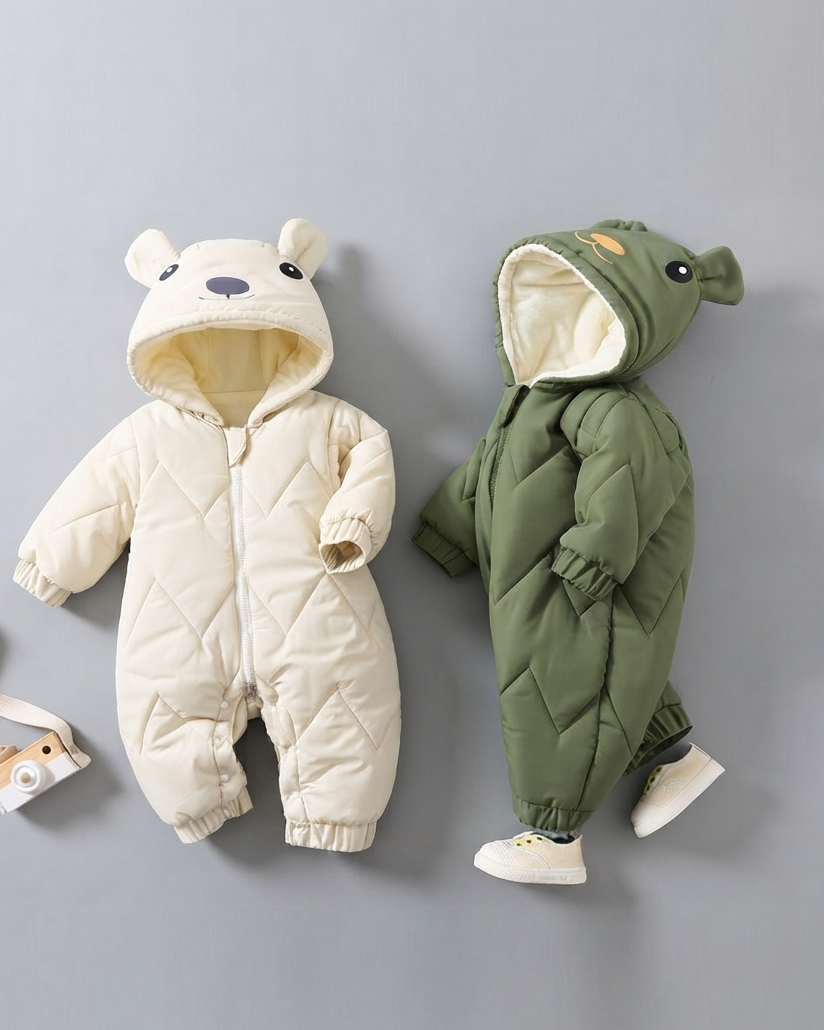 Mono Acolchado de Invierno para Bebé con Capucha de Osito Suave, Cálido y Cómodo