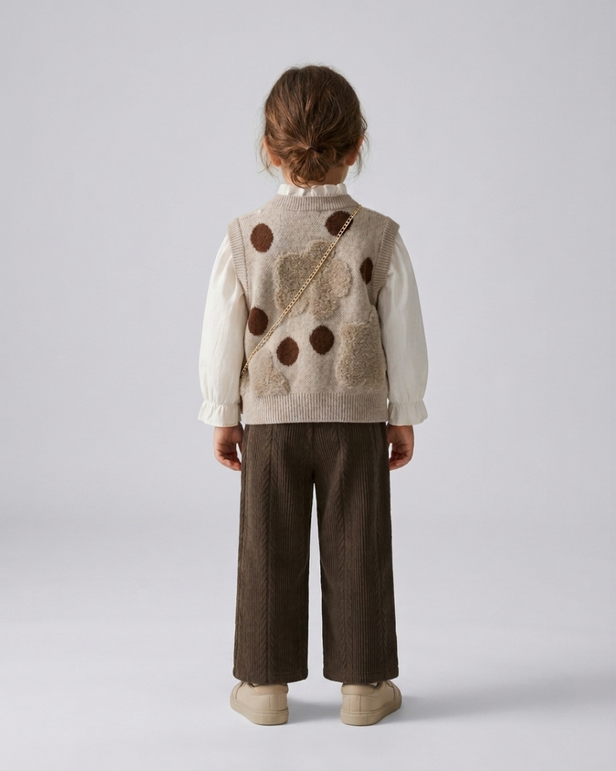 Conjunto niña invierno 3 piezas chaqueta tejida y pantalón de terciopelo con bolso,Ideal para clima otoñal en España