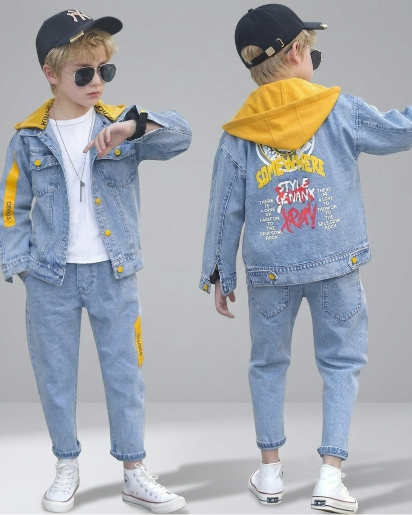 Conjunto vaquero niño 3 piezas: chaqueta vaquera, sudadera con capucha y pantalón vaquero, ropa niño streetwear en España