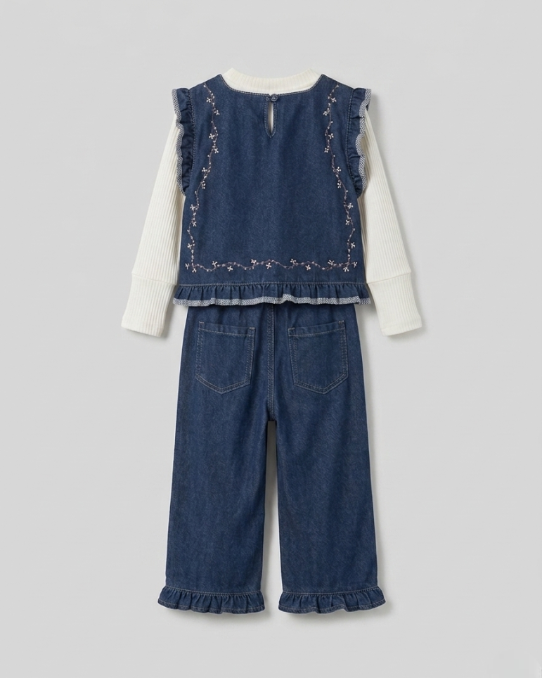 Conjunto niña 3 piezas ropa niña: blusa, chaleco vaquero de mezclilla y pantalón cómodo,Ideal para clima otoñal  en España