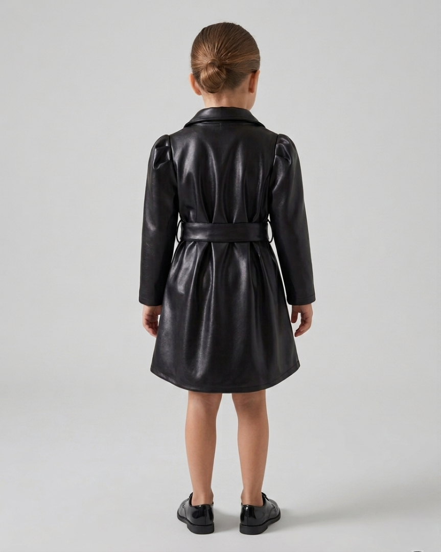 Abrigo niña piel sintética negro estilo gabardina elegante con cinturón ajustable en España