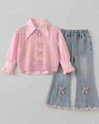 Conjunto niña 3 piezas: camisa rosa, suéter de punto suave y pantalón vaquero con encaje en España