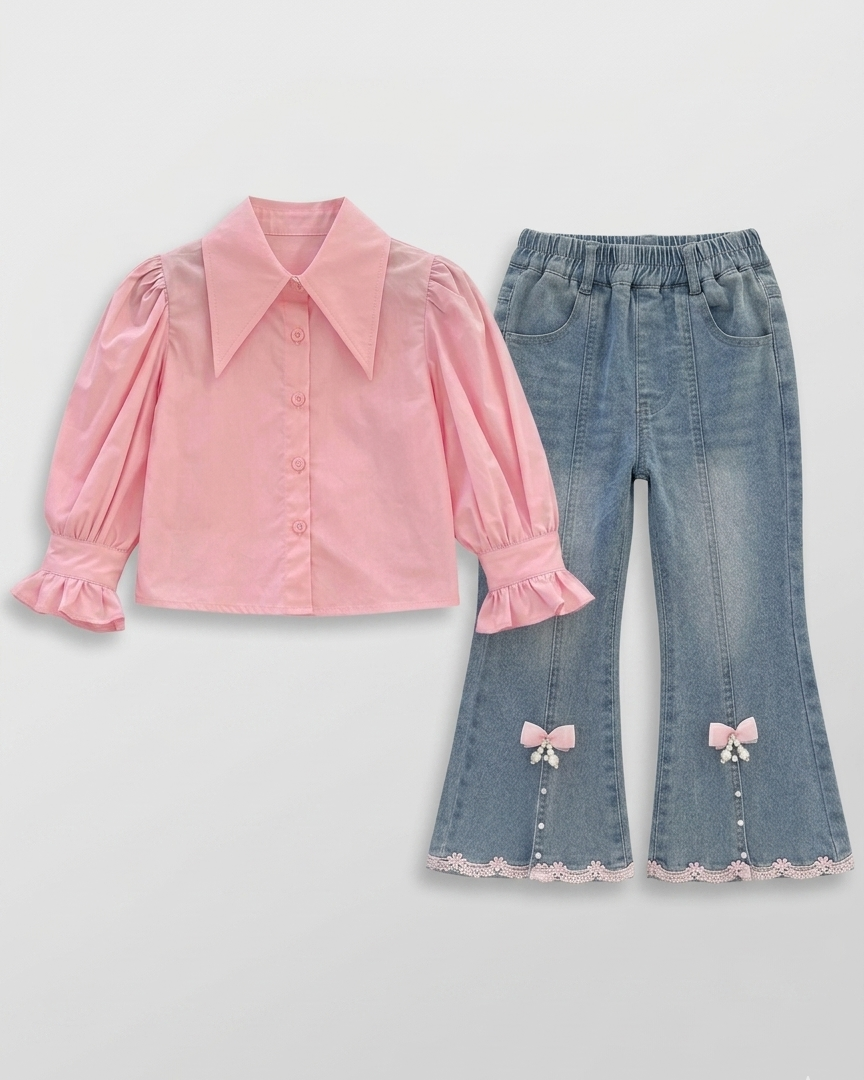 Conjunto niña 3 piezas ropa infantil blusa con volantes chaleco lana y pantalón vaquero en España