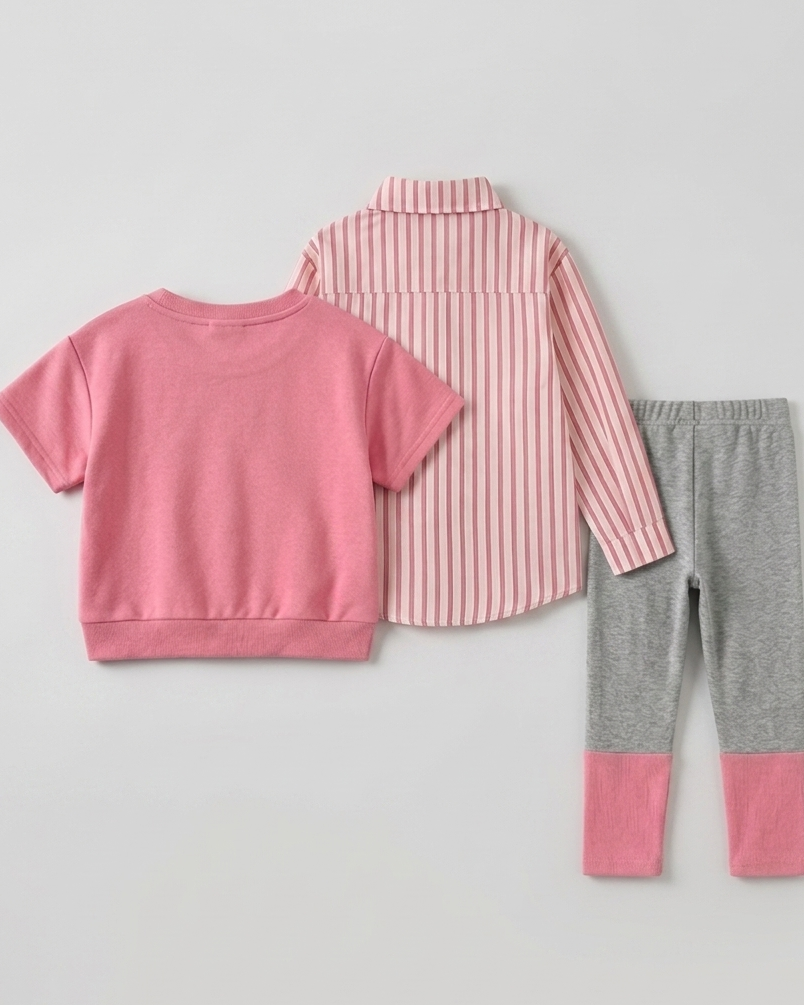 Conjunto niña 3 piezas ropa niña suéter corto, camisa a rayas y chaleco multicolor Ideal para primavera en España