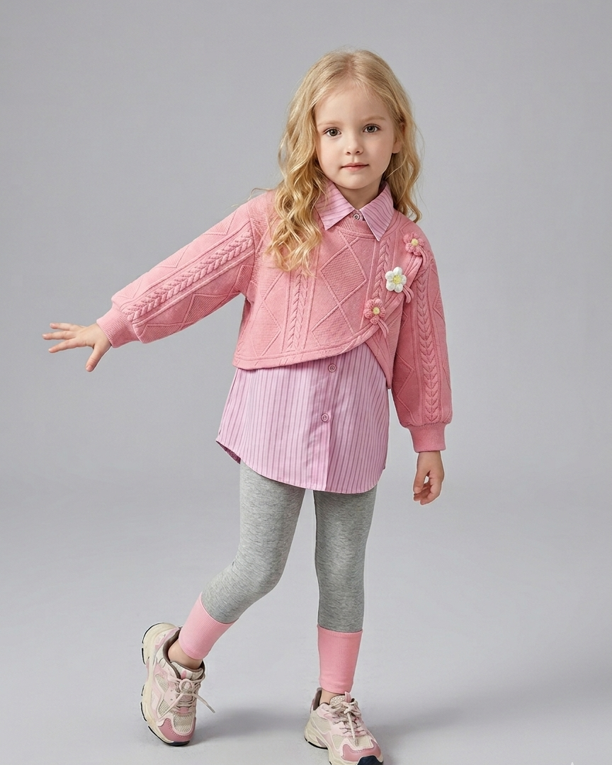 Conjunto niña 3 piezas otoño invierno con bordado de flores Ideal para clima otoñal y principios en España