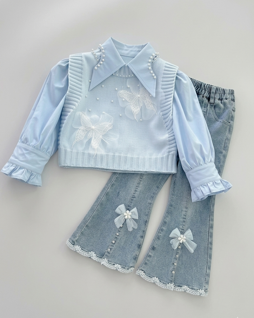 Conjunto niña 3 piezas ropa bebé niña elegante: blusa con mangas abullonadas, chaleco de punto con perlas y pantalón vaquero  en España