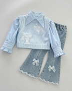 Conjunto niña 3 piezas ropa bebé niña elegante: blusa con mangas abullonadas, chaleco de punto con perlas y pantalón vaquero  en España