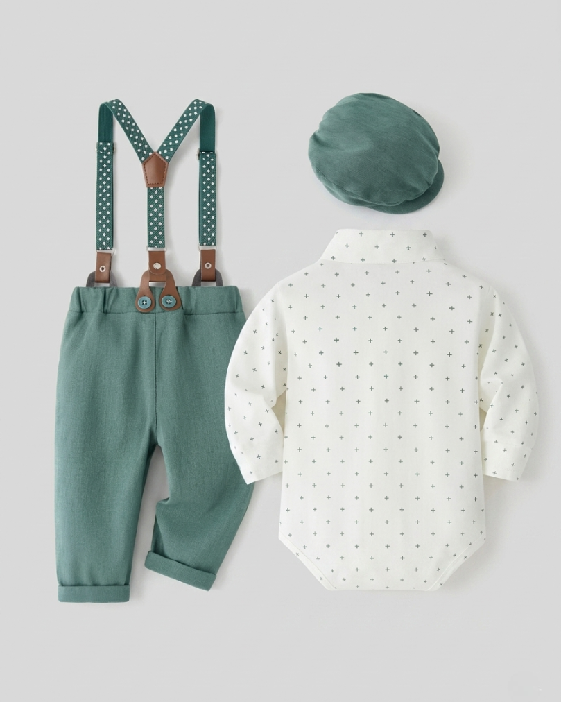 Conjunto bebé niño elegante de 4 piezas con body, pantalón con tirantes, corbata y gorra en España